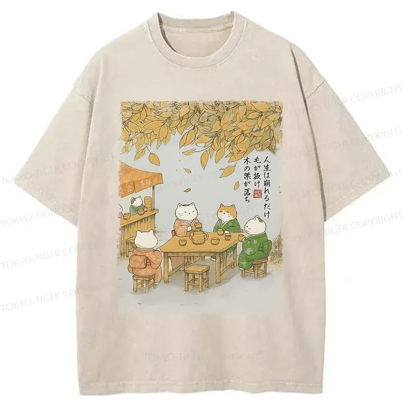 Tokyo-Tiger Cats Drinking Tea Under The Tree Washed T-Shirt