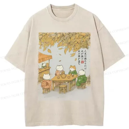 Tokyo-Tiger Cats Drinking Tea Under The Tree Washed T-Shirt