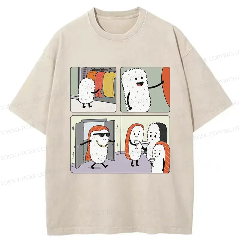 Tokyo-Tiger Sushi At The Party Washed T-Shirt