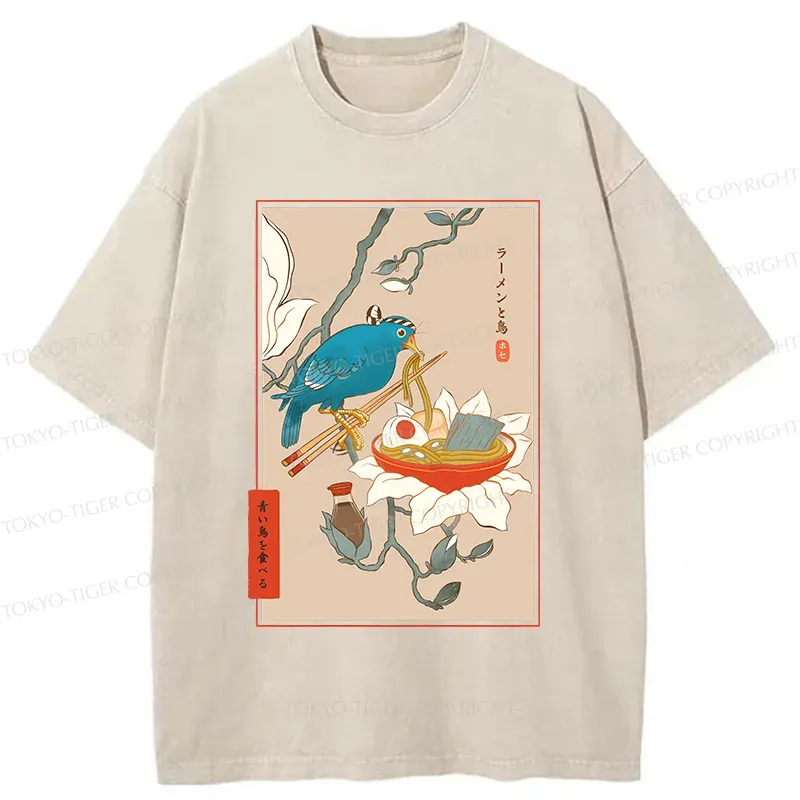 Tokyo-Tiger Bird Eating Ramen Washed T-Shirt