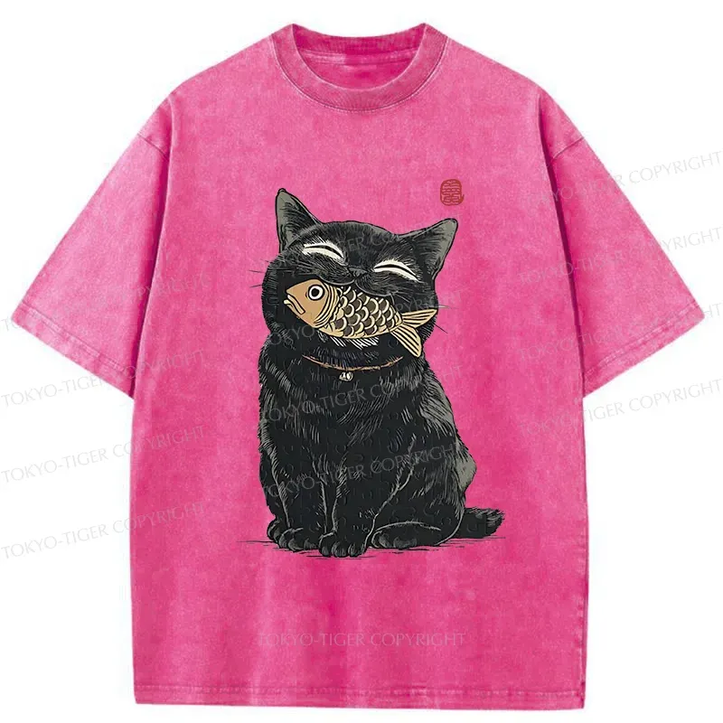 Tokyo-Tiger Happy Black Cat Washed T-Shirt