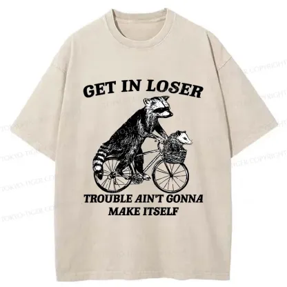 Tokyo-Tiger Raccoon On A Bicycle Washed T-Shirt