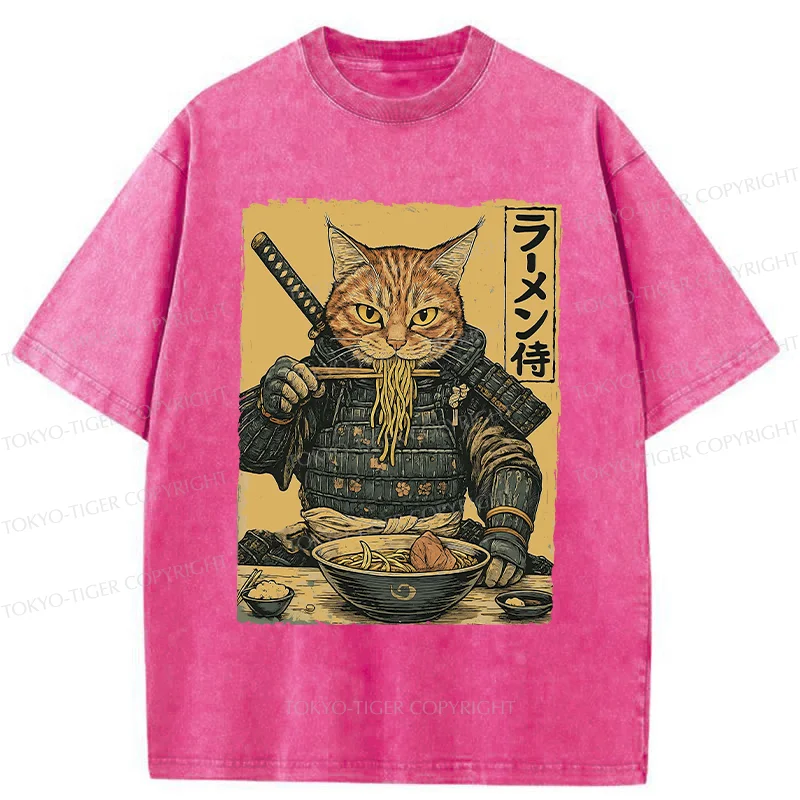 Tokyo-Tiger Cat General Eating Ramen Washed T-Shirt