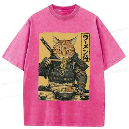 Tokyo-Tiger Cat General Eating Ramen Washed T-Shirt