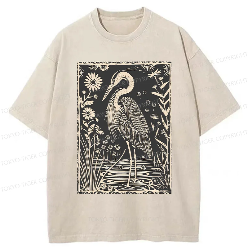 Tokyo-Tiger Woodcut Crane Japan Washed T-Shirt