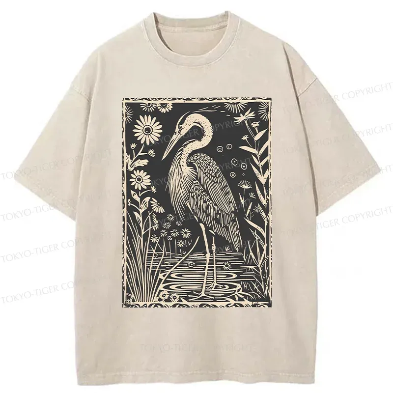 Tokyo-Tiger Woodcut Crane Japan Washed T-Shirt