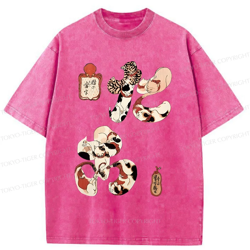 Tokyo-Tiger Funny Cat Kanji Washed T-Shirt