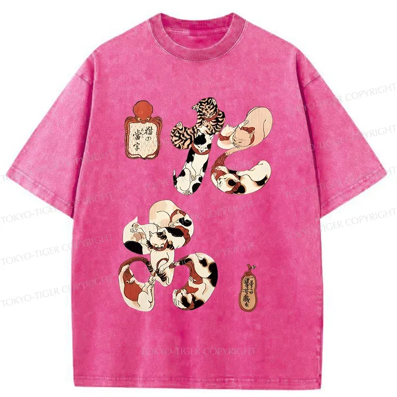 Tokyo-Tiger Funny Cat Kanji Washed T-Shirt