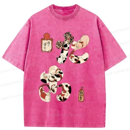 Tokyo-Tiger Funny Cat Kanji Washed T-Shirt