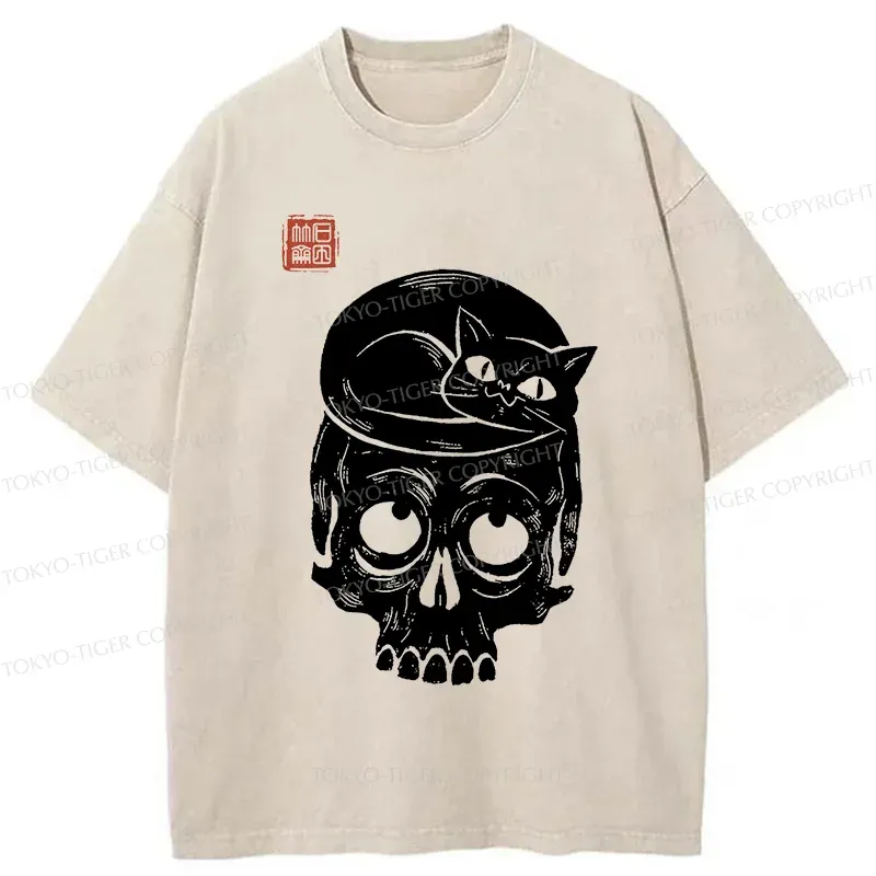 Tokyo-Tiger Woodcut Cat And Skeleton Washed T-Shirt