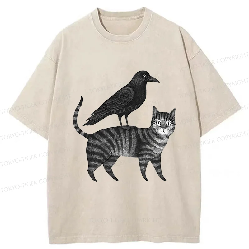 Tokyo-Tiger Crow Riding A Cat Washed T-Shirt