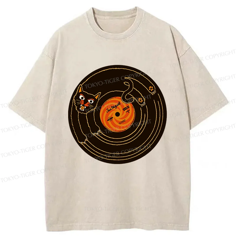 Tokyo-Tiger Cat Scratching Record Washed T-Shirt