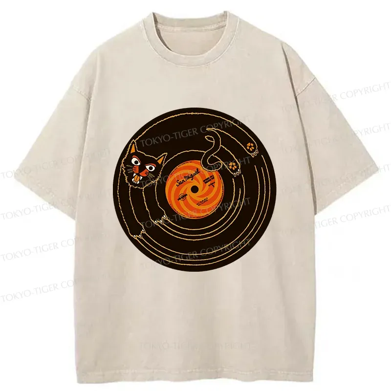 Tokyo-Tiger Cat Scratching Record Washed T-Shirt