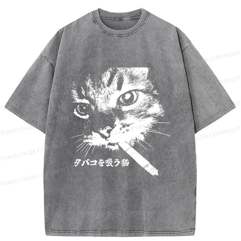 Tokyo-Tiger Retro Cat Smoking Washed T-Shirt Sale – tokyo-tiger