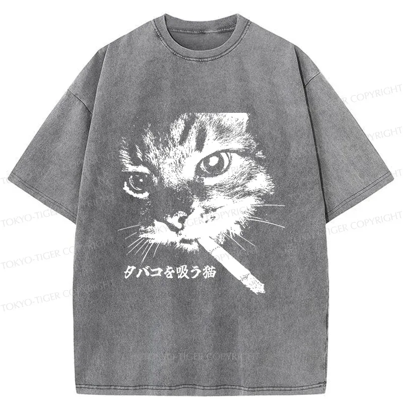 Tokyo-Tiger Retro Cat Smoking Washed T-Shirt