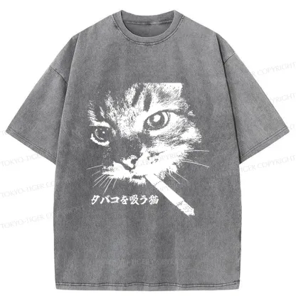Tokyo-Tiger Retro Cat Smoking Washed T-Shirt
