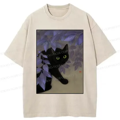 Tokyo-Tiger Cat Under The Flowers Washed T-Shirt