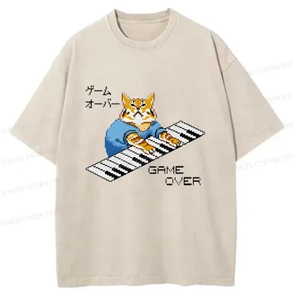 Tokyo-Tiger Cat Playing The Piano Washed T-Shirt