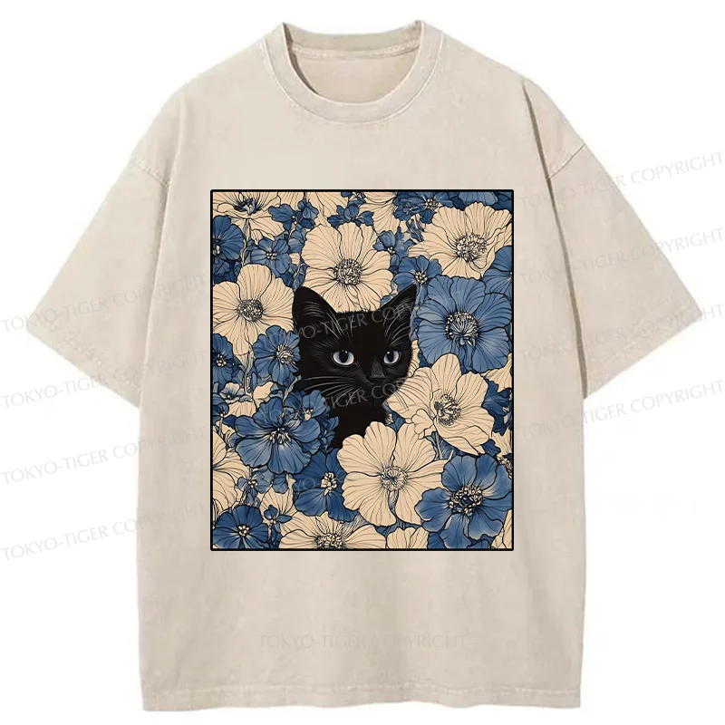 Tokyo-Tiger Cat In The Flowers Washed T-Shirt