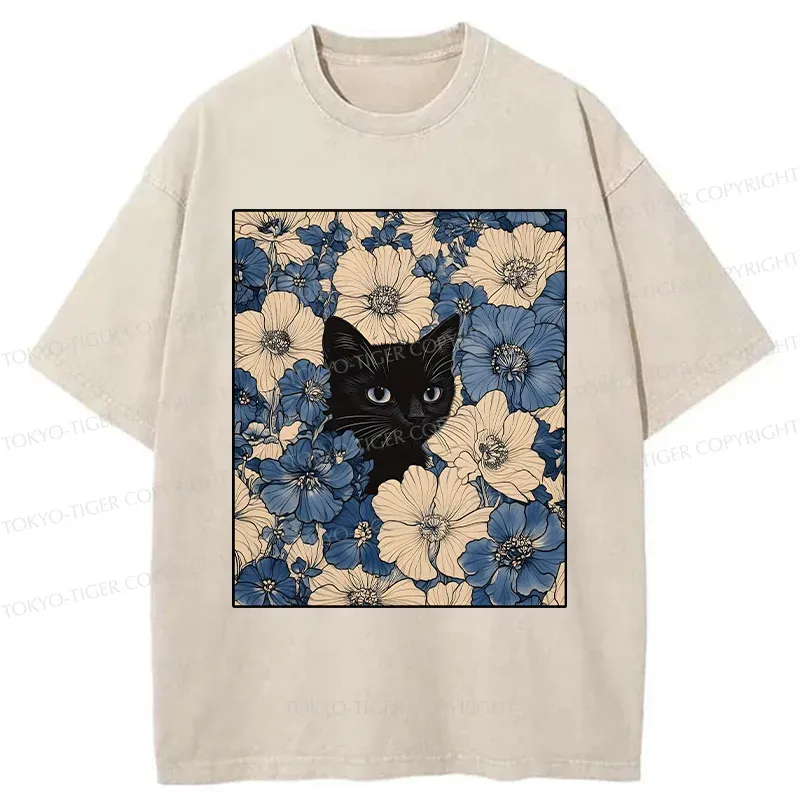 Tokyo-Tiger Cat In The Flowers Washed T-Shirt Sale