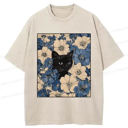 Tokyo-Tiger Cat In The Flowers Washed T-Shirt