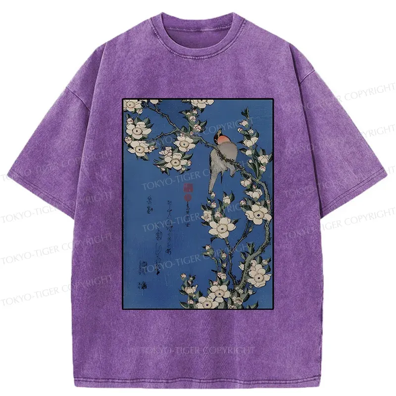 Tokyo-Tiger Japanese Bird And Wood Painting Washed T-Shirt