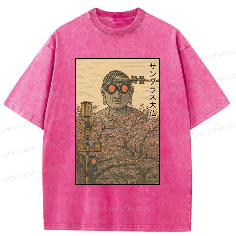 Tokyo-Tiger Buddha Statue Wearing Sunglasses Washed T-Shirt