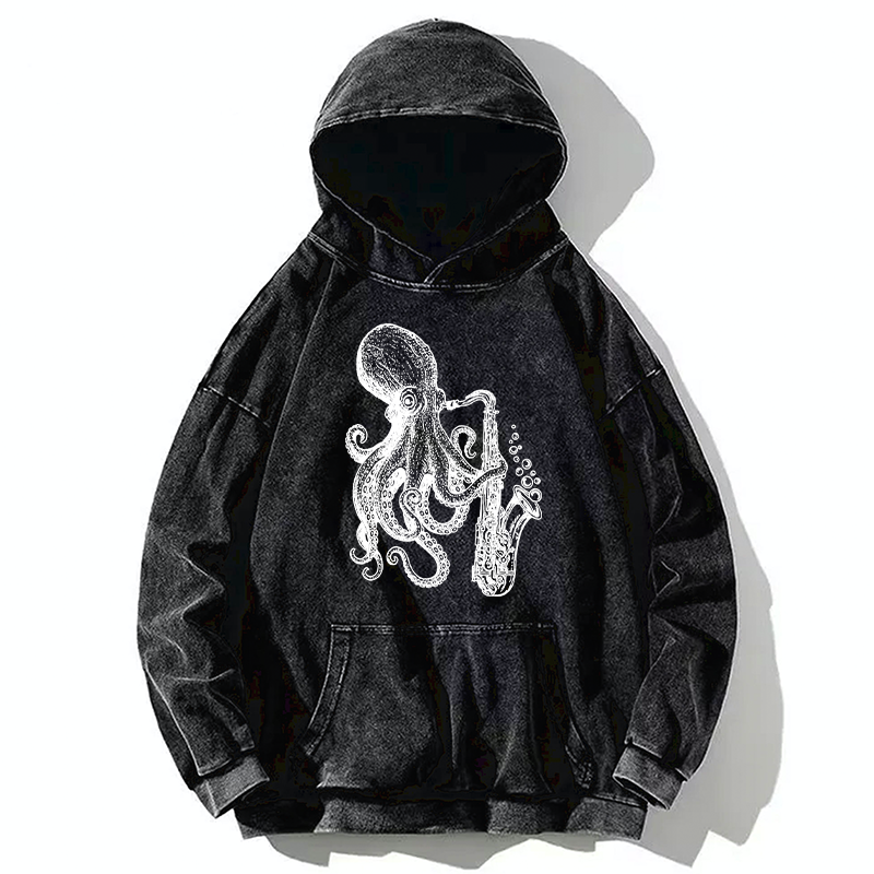 Tokyo-Tiger Octopus Playing Saxophone Washed Hoodie