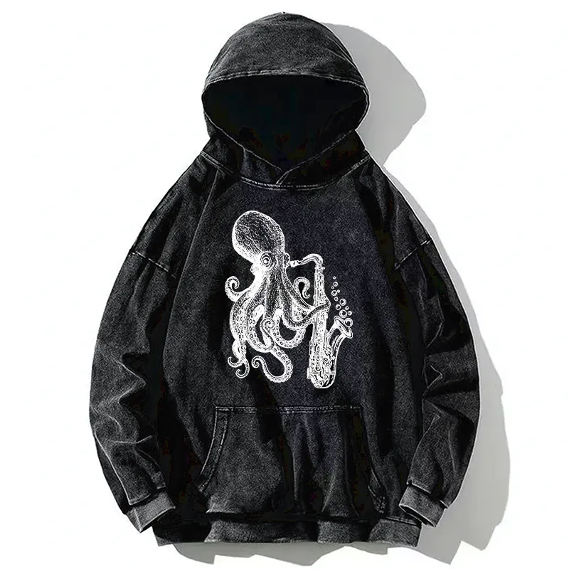 Tokyo-Tiger Octopus Playing Saxophone Washed Hoodie
