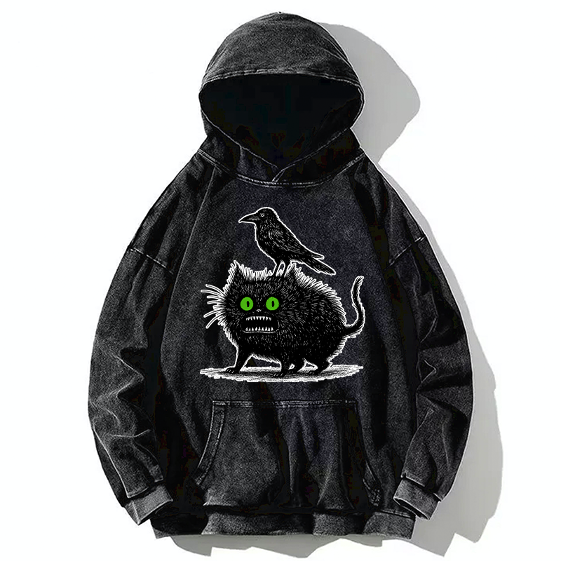 Tokyo-Tiger Crow And Black Cat Washed Hoodie