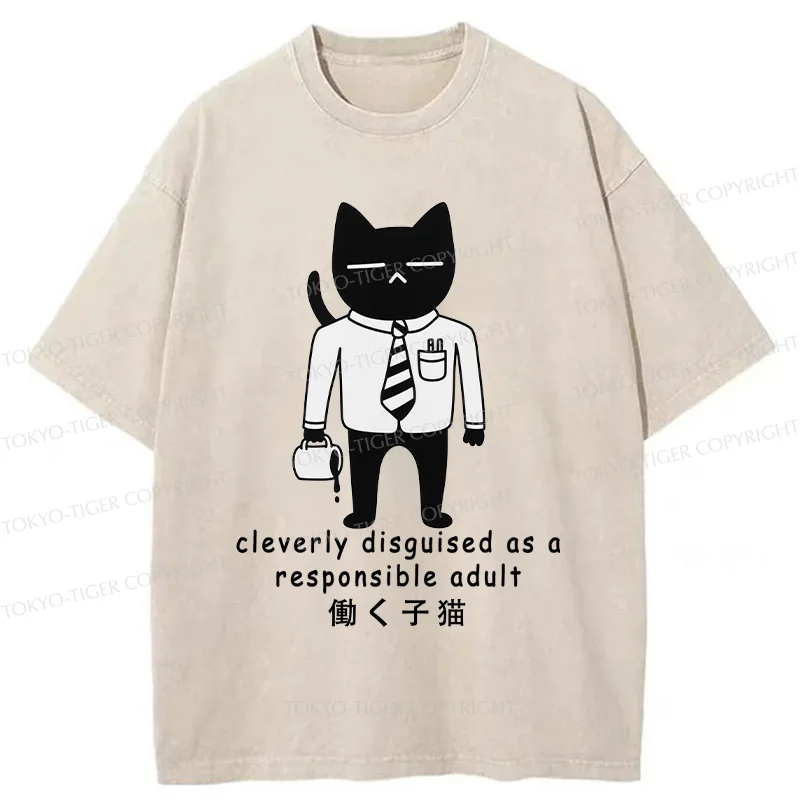 Tokyo-Tiger Cat At Work Washed T-Shirt