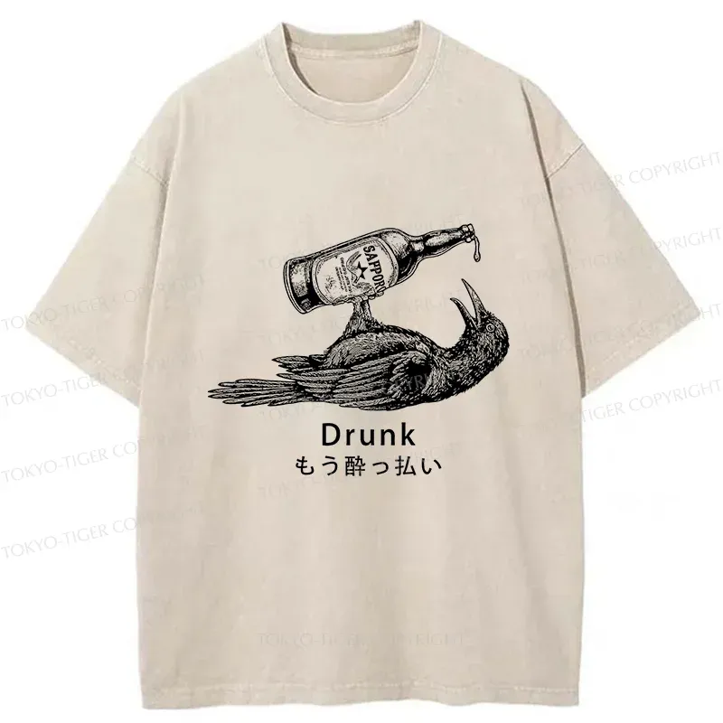 Tokyo-Tiger Drinking Crow Washed T-Shirt