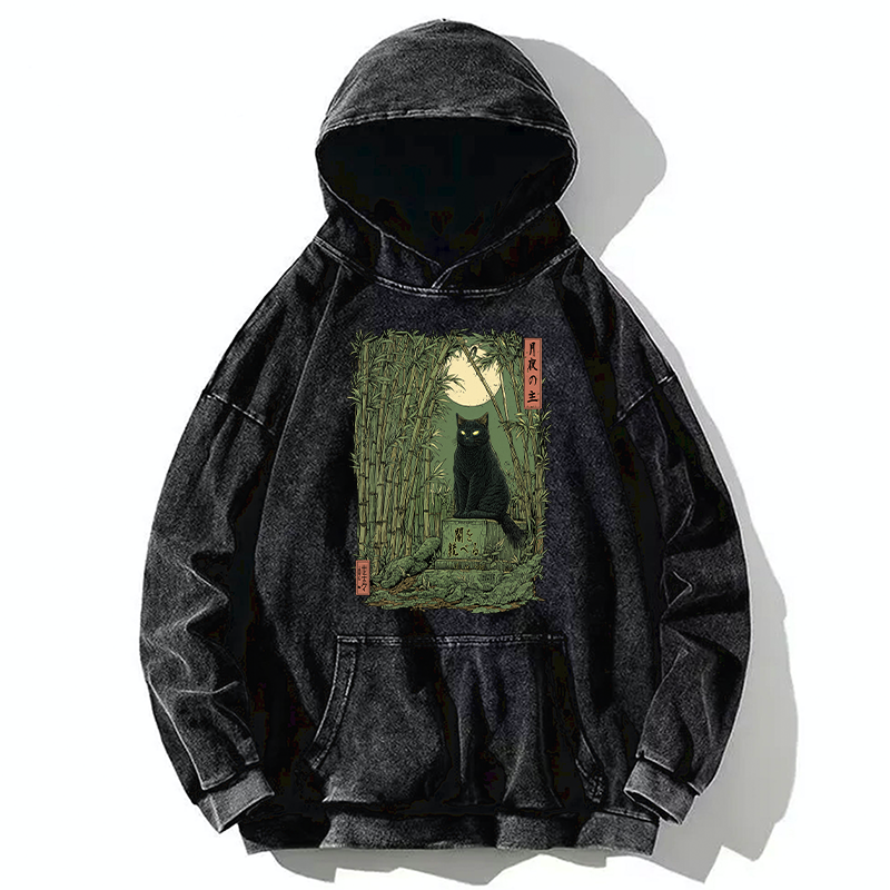 Tokyo-Tiger Black Cat In The Bamboo Forest Washed Hoodie