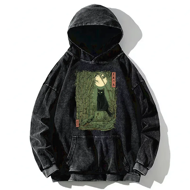 Tokyo-Tiger Black Cat In The Bamboo Forest Washed Hoodie