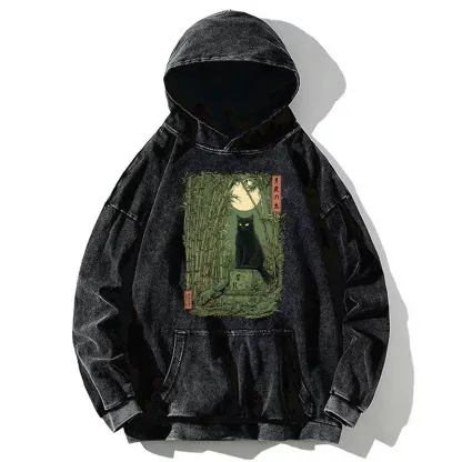 Tokyo-Tiger Black Cat In The Bamboo Forest Washed Hoodie