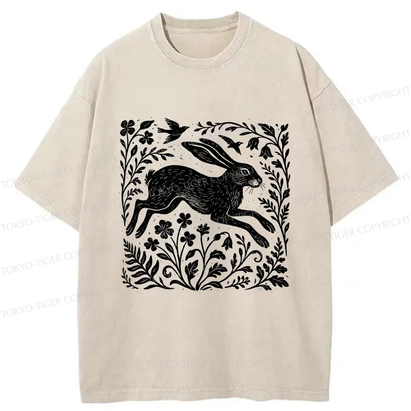 Tokyo-Tiger Woodcut Rabbit Washed T-Shirt