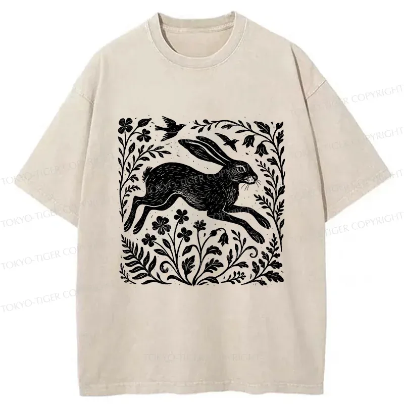 Tokyo-Tiger Woodcut Rabbit Washed T-Shirt