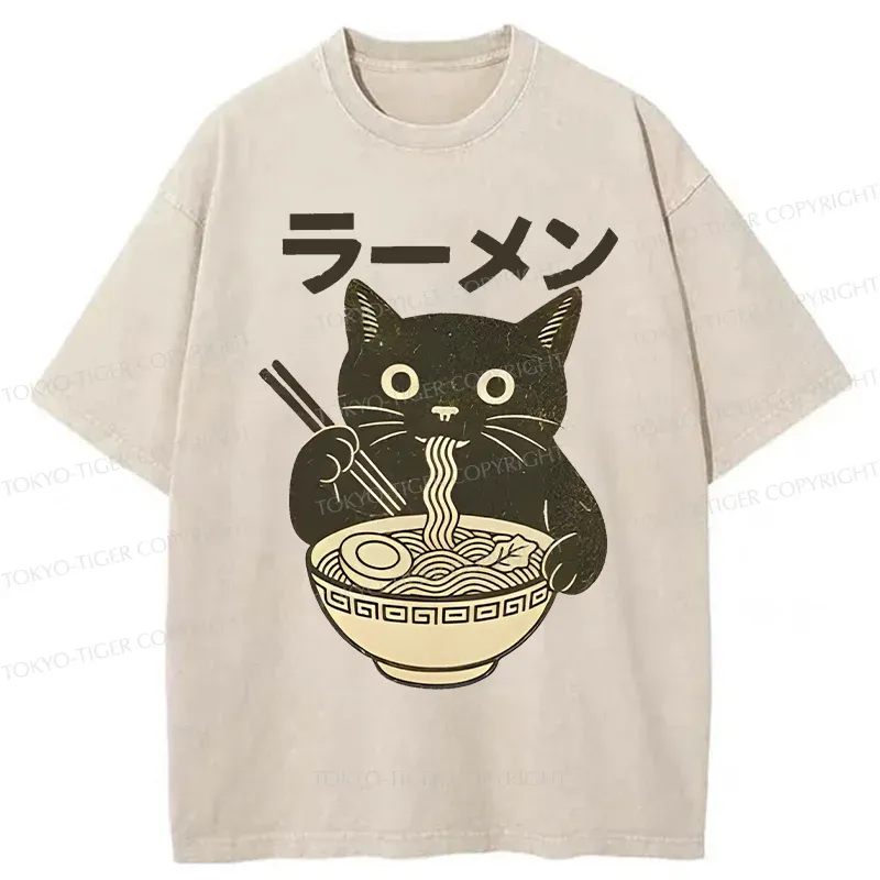 Tokyo-Tiger Simple Black Cat Eating Ramen Washed T-Shirt