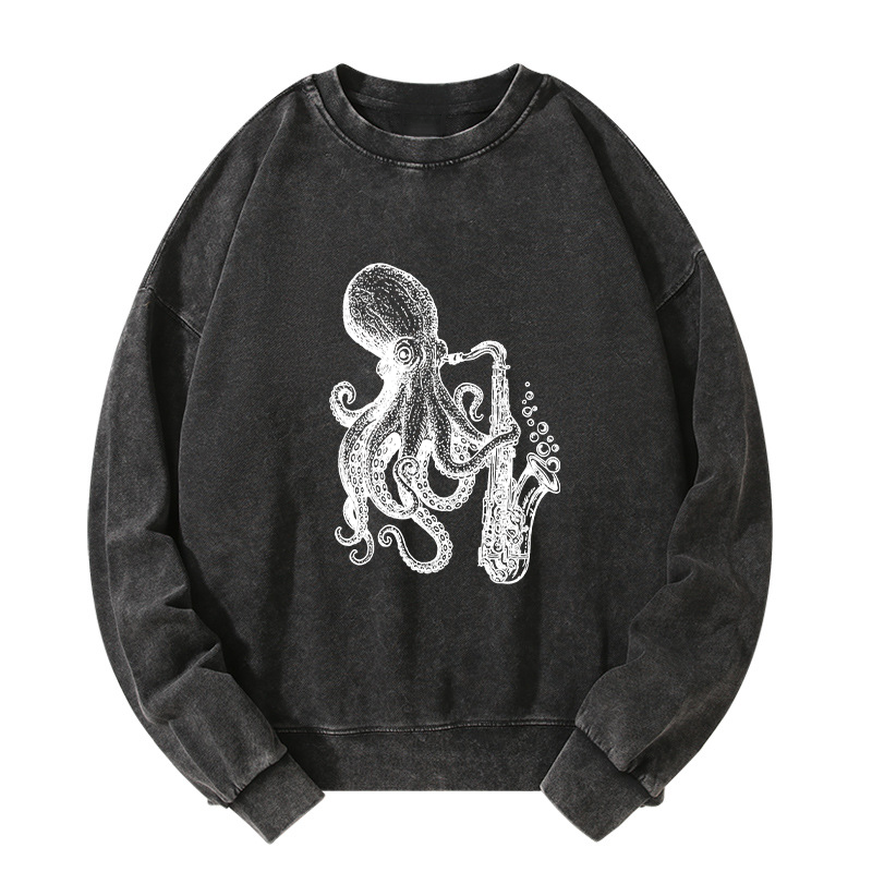 Tokyo-Tiger Octopus Playing Saxophone Washed Sweatshirt