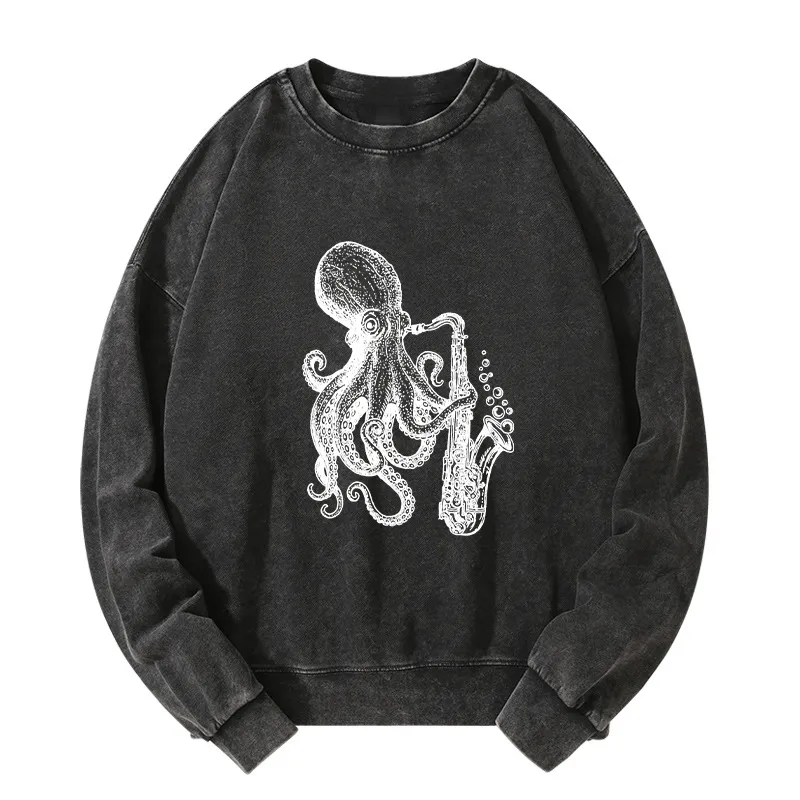 Tokyo-Tiger Octopus Playing Saxophone Washed Sweatshirt