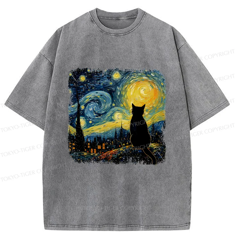 Tokyo-Tiger The Starry Night Cat Washed T-Shirt