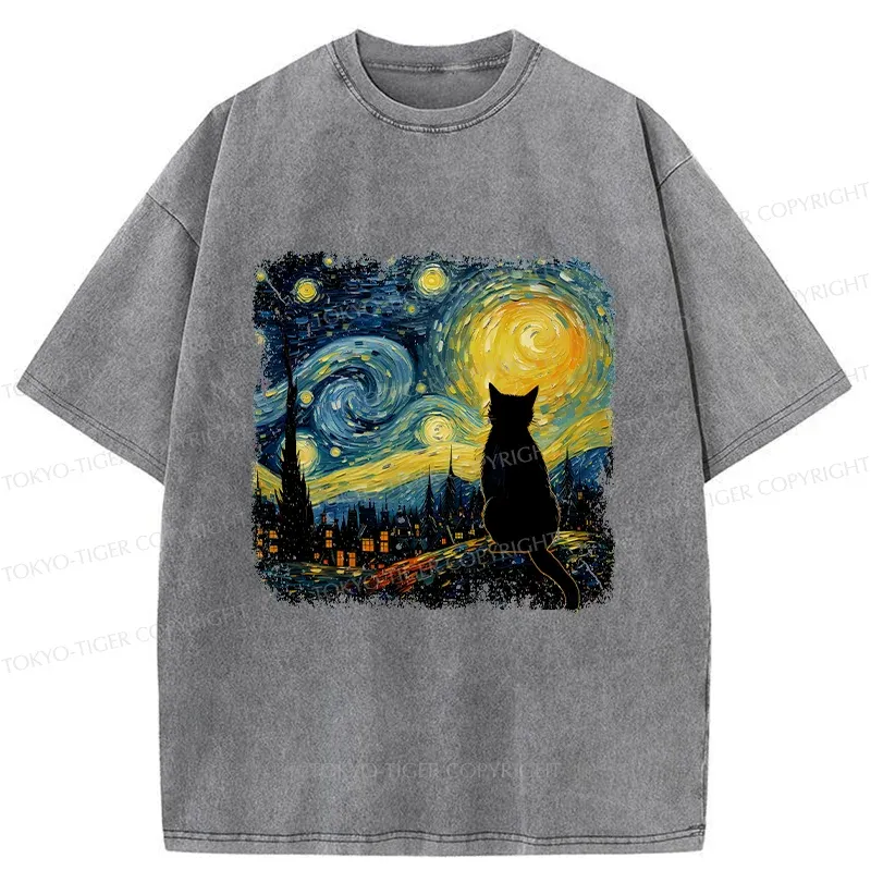 Tokyo-Tiger The Starry Night Cat Washed T-Shirt
