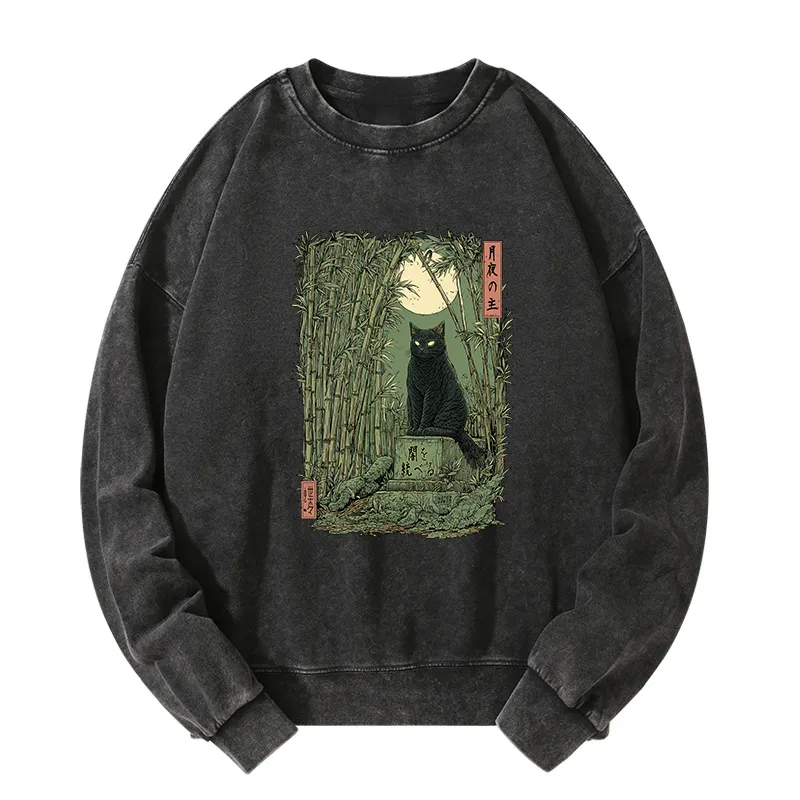 Tokyo-Tiger Black Cat In The Bamboo Forest Washed Sweatshirt