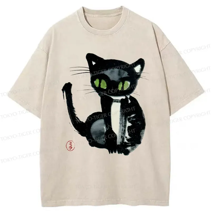 Tokyo-Tiger Ink Painting Cat Washed T-Shirt