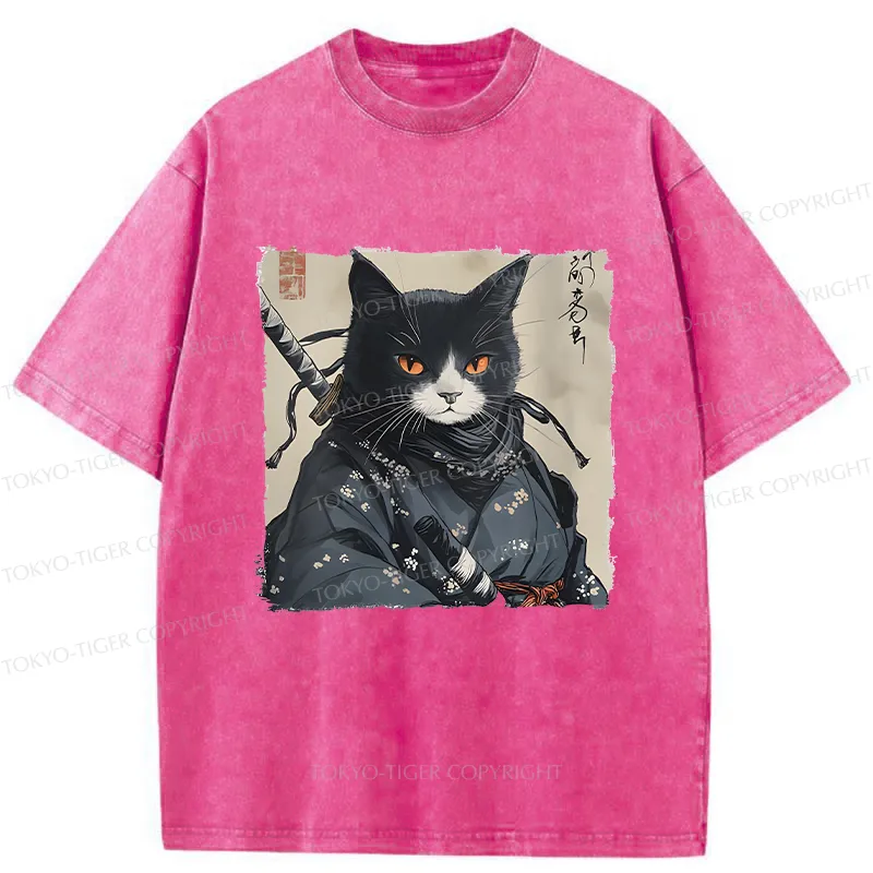 Tokyo-Tiger Handsome Samurai Cat Washed T-Shirt