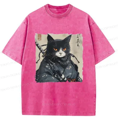 Tokyo-Tiger Handsome Samurai Cat Washed T-Shirt