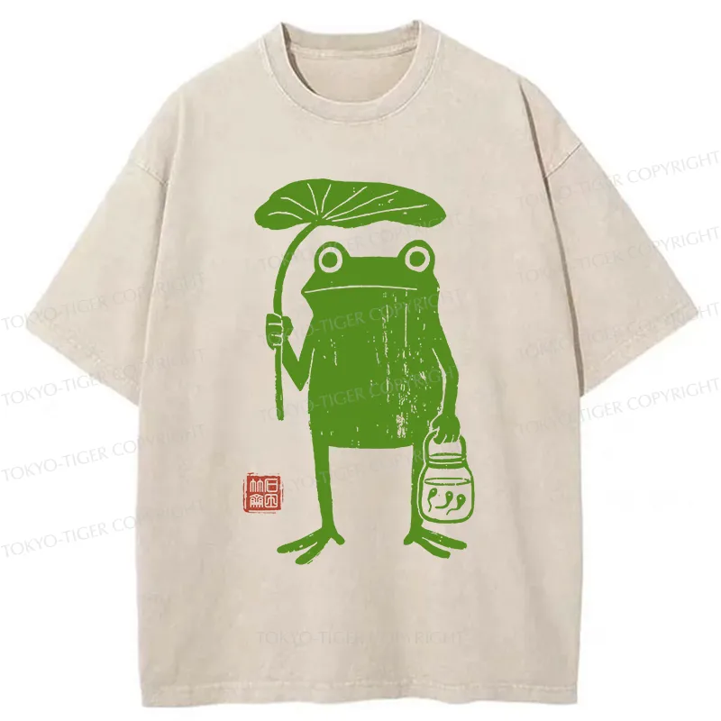 Tokyo-Tiger Frogs Taking Shelter From The Rain Washed T-Shirt