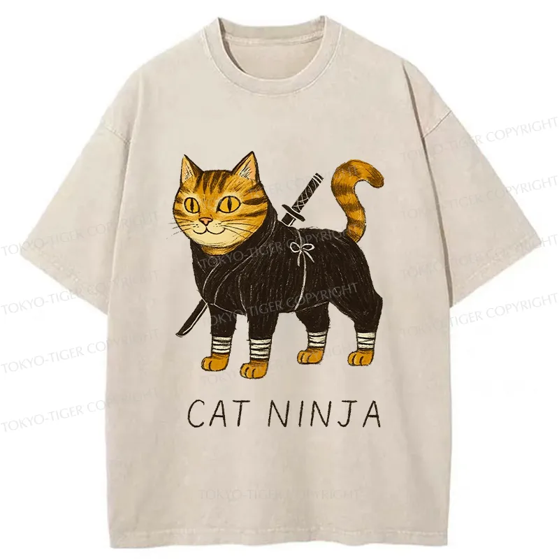 Tokyo-Tiger Cute Ninja Cat Washed T-Shirt