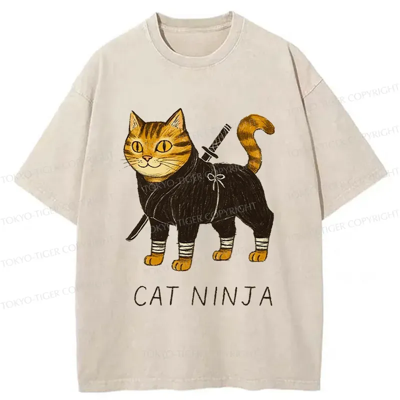 Tokyo-Tiger Cute Ninja Cat Washed T-Shirt