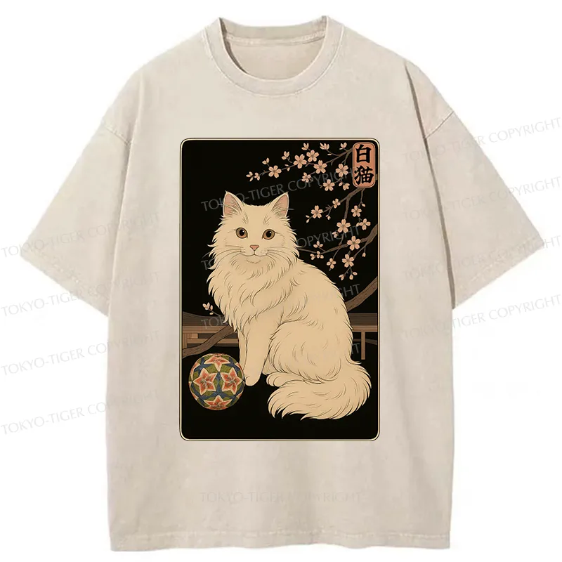 Tokyo-Tiger Retro White Cat Washed T-Shirt